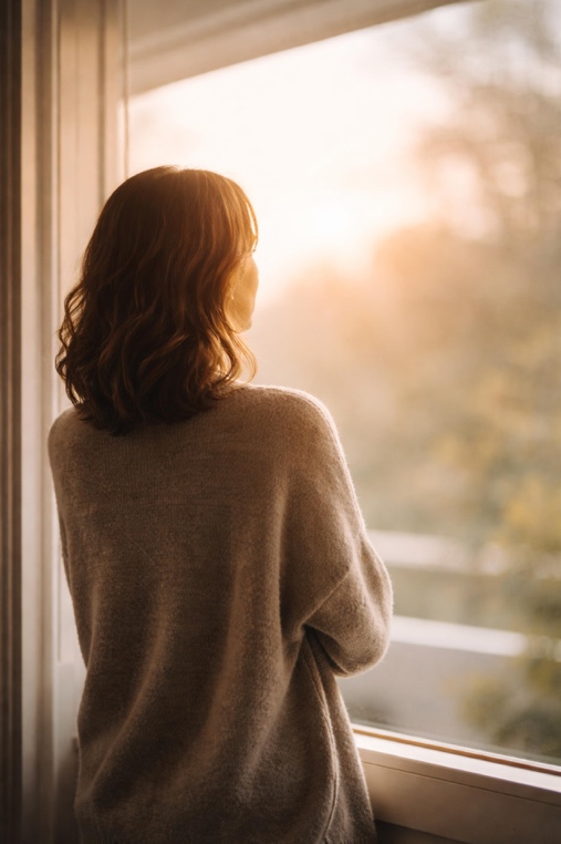 A woman looking out a sunlit window
