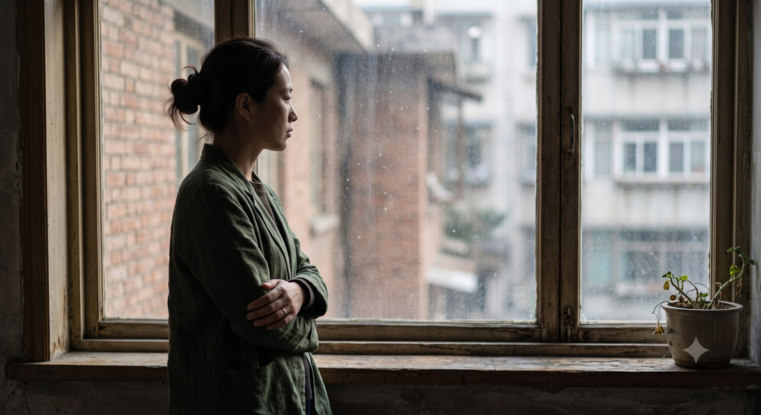 一位女性凝视窗外，沉浸在思索中